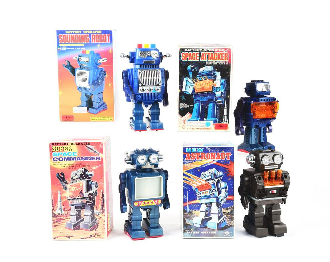 LOT OF 4: JAPANESE HORIKAWA BATTERY-OPERATED ROBOTS IN ORIGINAL BOXES. (1 of 1)