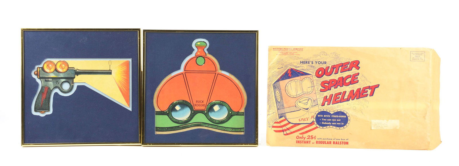 LOT OF 3: CARDBOARD SPACE RELATED ITEMS.: Colorful Buck Rogers Pistol, Helmet Set and a Space Patrol Mailer. Slight creasing.Condition:(Very Good - Excellent).Largest: 16 - 1/2" x 3/4" x 10 - 1/2".Dimensions: