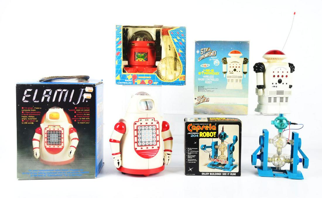 LOT OF 4: 1970S MADE IN HONG KONG PLASTIC ROBOTS IN ORIGINAL BOXES. (1 of 1)