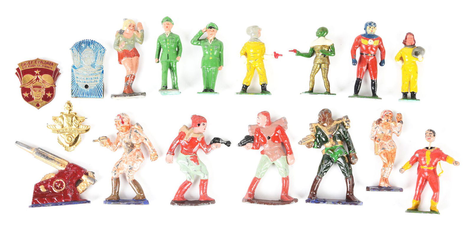 LOT OF 17: VINTAGE LEAD & TIN SPACE FIGURES & BADGES. (1 of 1)