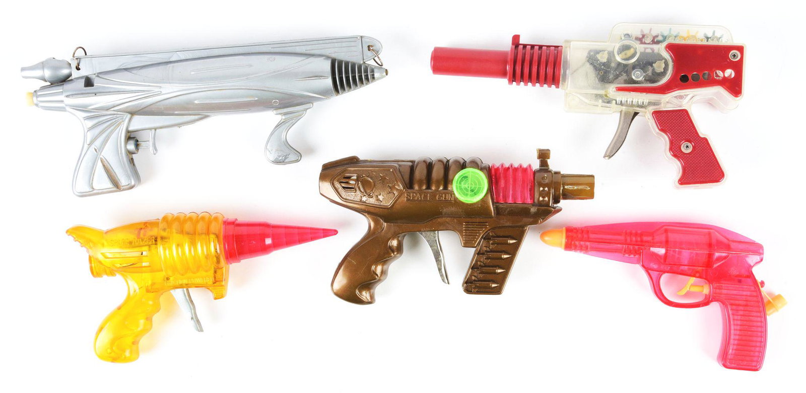 LOT OF 5: FOREIGN & AMERICAN-MADE SPACE PISTOLS.: One is a squirt gun, and the silver one is very interesting looking.Condition:(Very Good).Largest: 11 - 1/2" x 5 - 1/4" x 2".Dimensions: