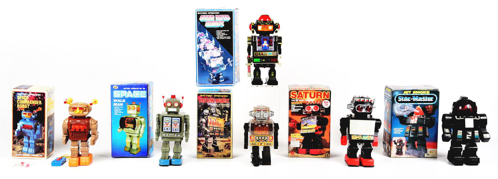 LOT OF 6: VARIOUS METAL & PLASTIC ROBOTS IN ORIGINAL BOXES. (1 of 1)