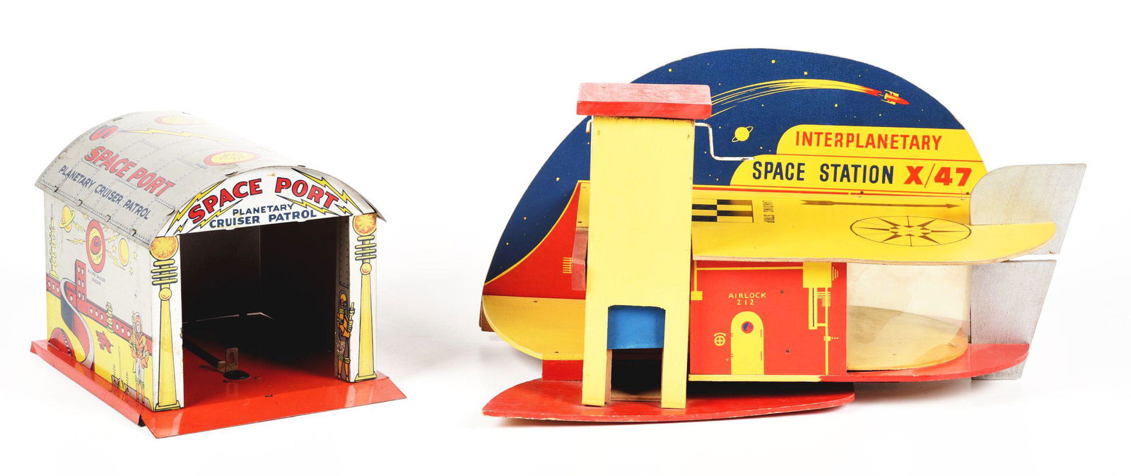 LOT OF 2: TIN LITHO & WOODEN SPACE STATIONS. (1 of 2)