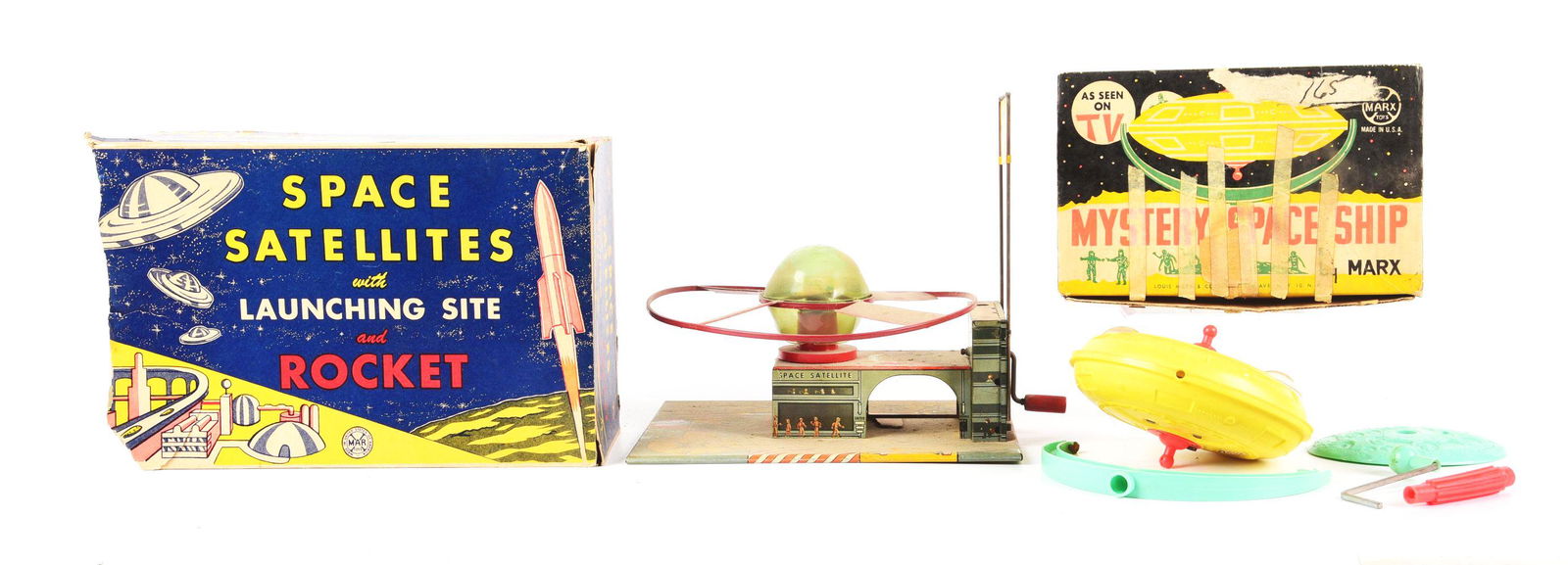 LOT OF 2: BOXED MARX TIN LITHO & PLASTIC SPACESHIP ITEMS IN ORIGINAL BOXES. (1 of 1)