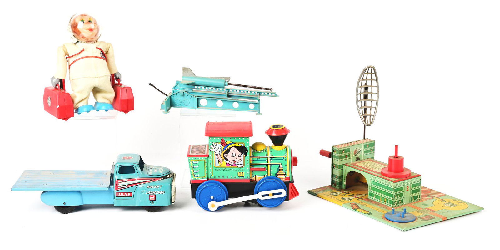 LOT OF 4: TIN LITHO BATTERY-OPERATED & CRANK-OPERATED MOSTLY VEHICLE TOYS. (1 of 1)