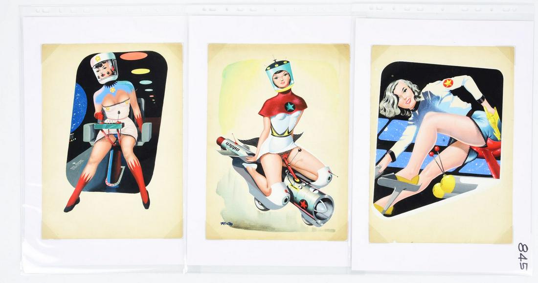 LOT OF 3: ORIGINAL SKETCHES FOR SCIENCE FICTION BOOK COVERS.: Covers are by the illustrator Mr. Russo. European, probably Italian. Shows attractive young women in suggestive poses. Slight tearing and creasing.Condition:(Very Good- Excellent).Image Size: 13" x 9 