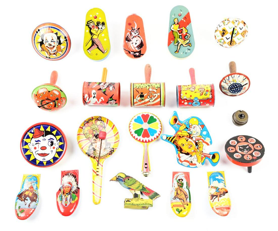 LOT OF APPROX. 20: TIN LITHO AMERICAN MADE CLICKER TOYS & BELL RINGERS. (1 of 1)