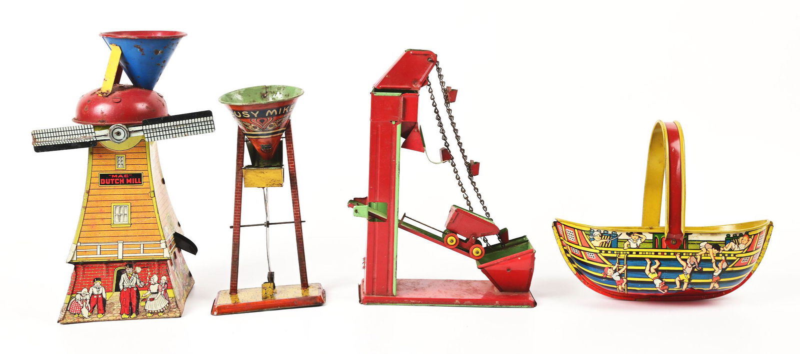 LOT OF 4: AMERICAN-MADE TIN LITHO SAND TOYS. (1 of 2)
