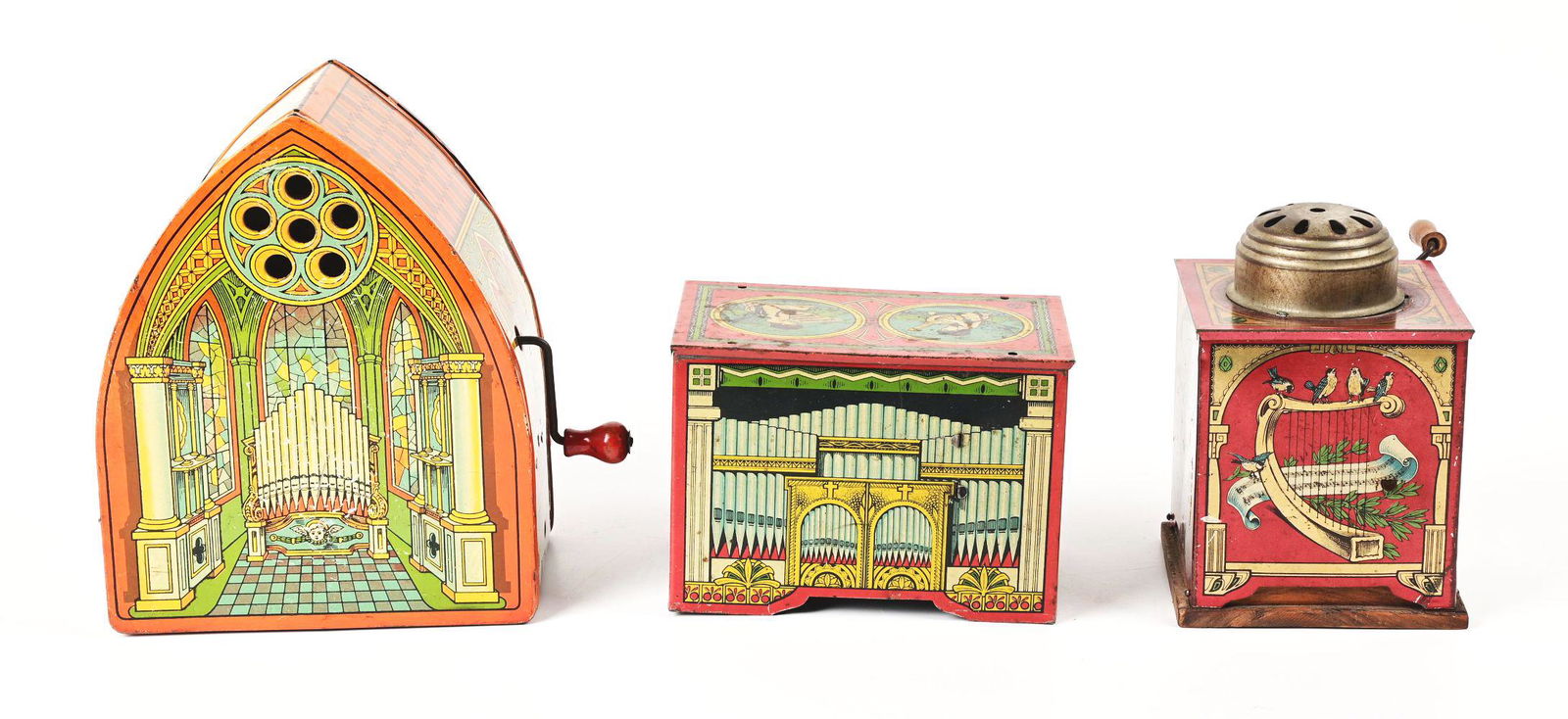 LOT OF 3: AMERICAN & GERMAN-MADE TIN LITHO ORGAN TOYS. (1 of 2)