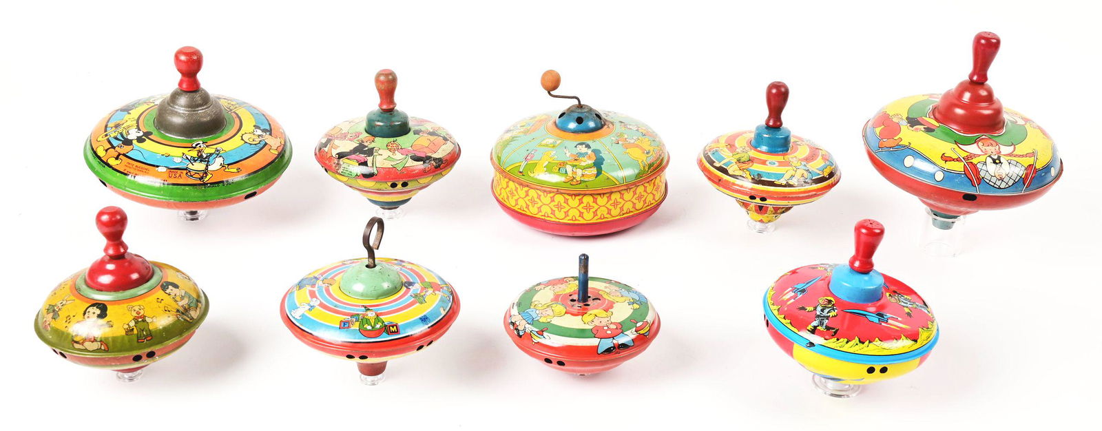 LOT OF 9: MOSTLY MADE IN AMERICA TIN LITHO TOPS. (1 of 2)