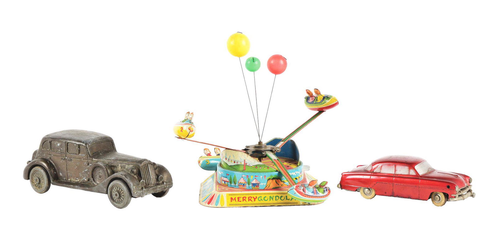 LOT OF 3: JAPANESE, GERMAN AND AMERICAN TIN LITHO AND WHITE STEEL VEHICLE TOYS. (1 of 3)