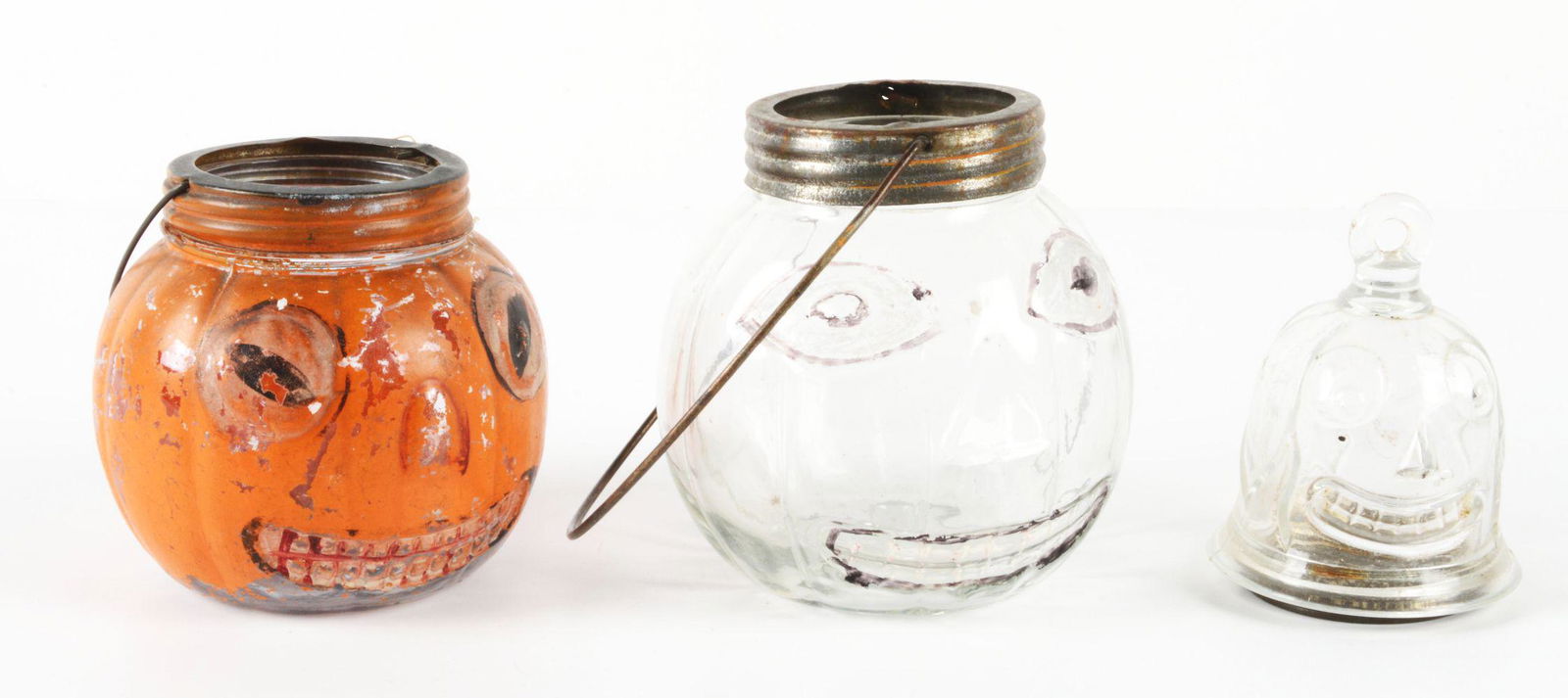 LOT OF 3: HALLOWEEN JACK-O'-LANTERN VINTAGE GLASS CANDY CONTAINERS. (1 of 2)