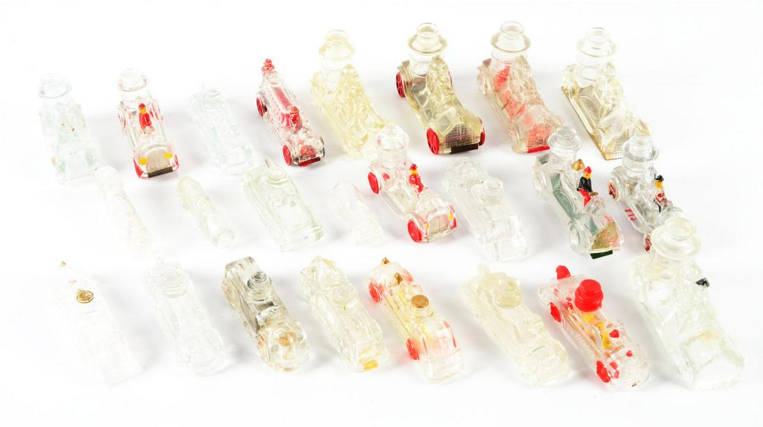 LOT OF 24: VINTAGE GLASS FIRETRUCKS & MISCELLANEOUS CANDY CONTAINERS. (1 of 1)