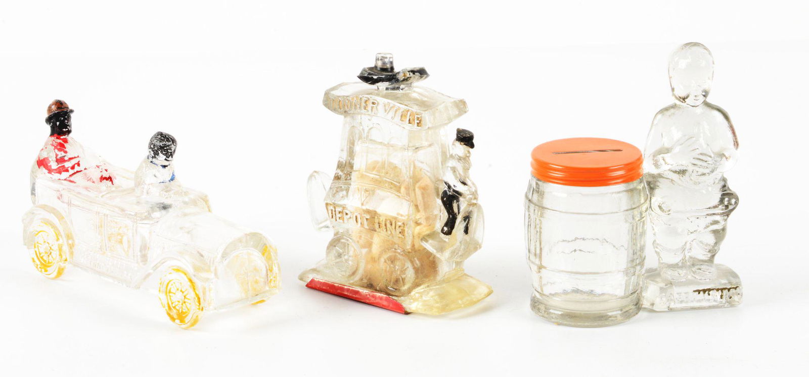 LOT OF 3: VINTAGE GLASS COMIC CHARACTER CANDY CONTAINERS. (1 of 2)