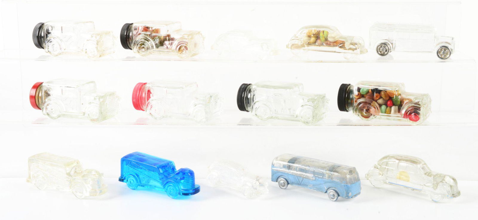 LOT OF 14: VINTAGE GLASS AUTOMOBILE CANDY CONTAINERS. (1 of 1)