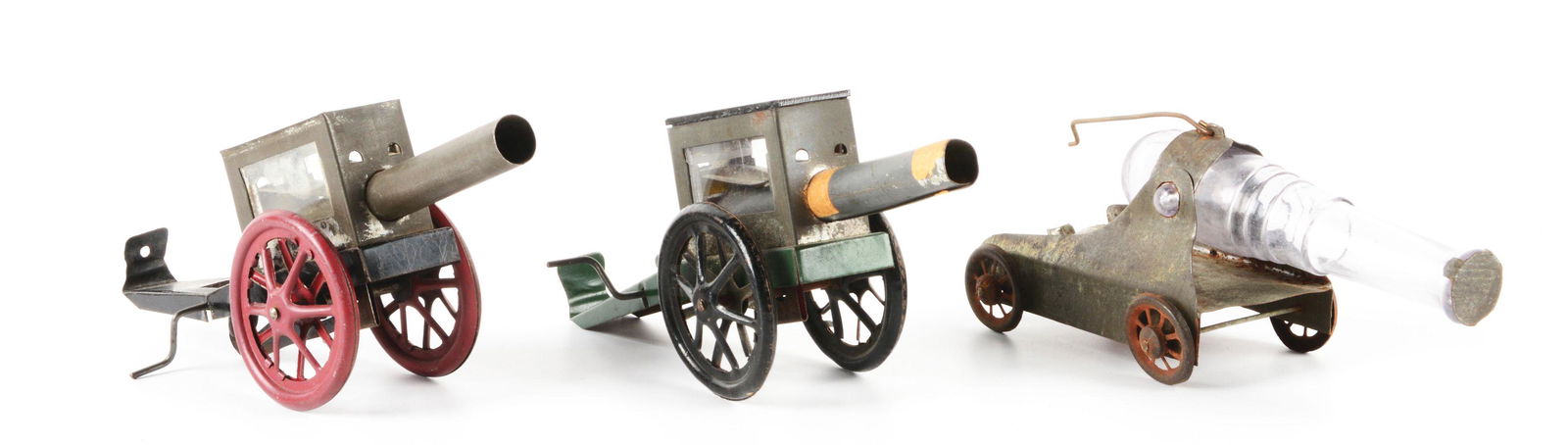 LOT OF 3: VINTAGE GLASS CANNON CANDY CONTAINERS. (1 of 2)