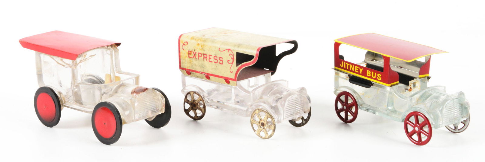 LOT OF 3: VINTAGE GLASS AUTOMOBILE CANDY CONTAINERS. (1 of 2)