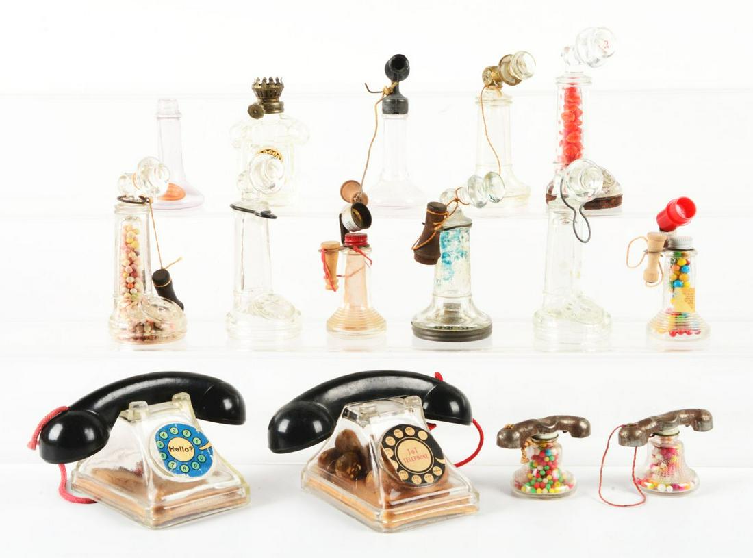 LOT OF 15: VINTAGE GLASS TELEPHONE & 1 LAMP CANDY CONTAINERS. (1 of 1)