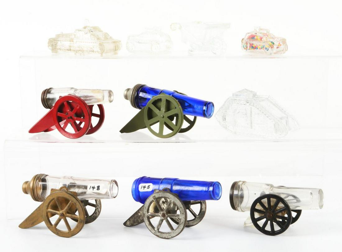 LOT OF 10: VINTAGE GLASS CANNON, TANK, ETC. CANDY CONTAINERS. (1 of 1)