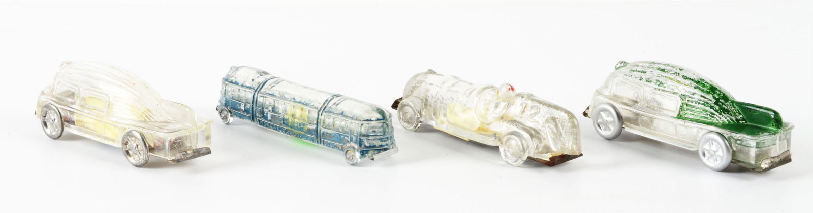 LOT OF 4: VINTAGE GLASS AUTOMOBILE CANDY CONTAINERS. (1 of 2)