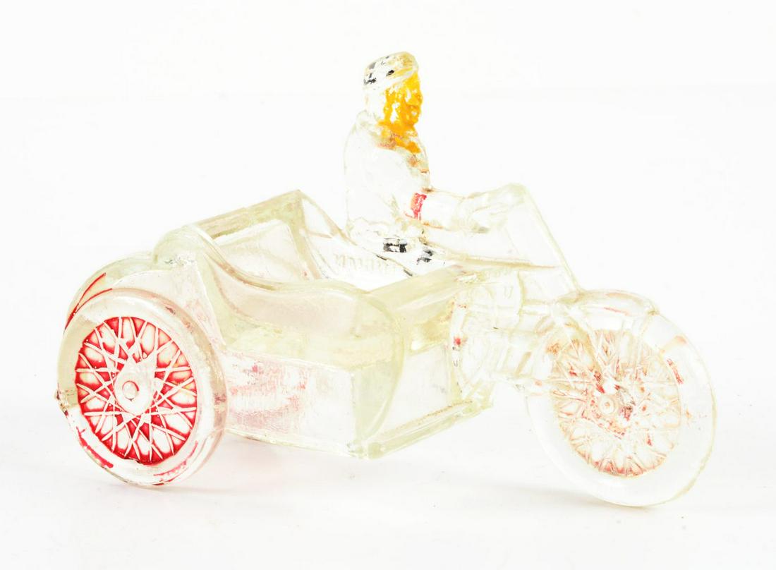 VINTAGE GLASS MOTORCYCLE W/ SIDECAR CANDY CONTAINER. (1 of 2)