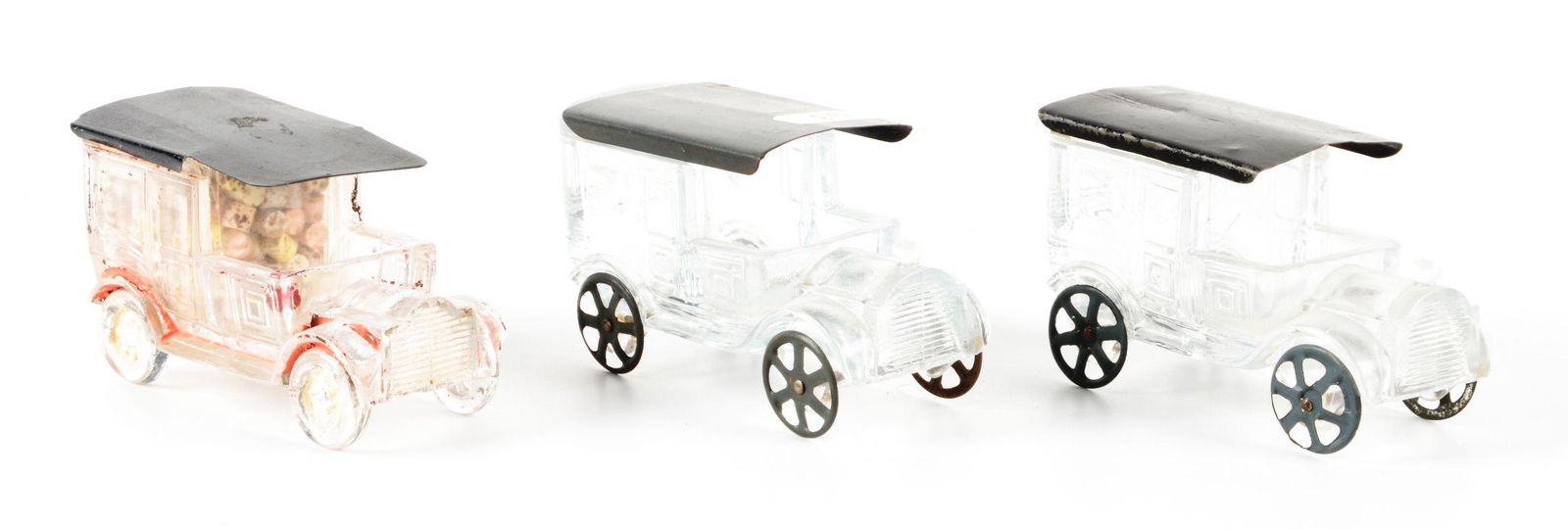 LOT OF 3: VINTAGE GLASS LIMO CANDY CONTAINERS. (1 of 2)