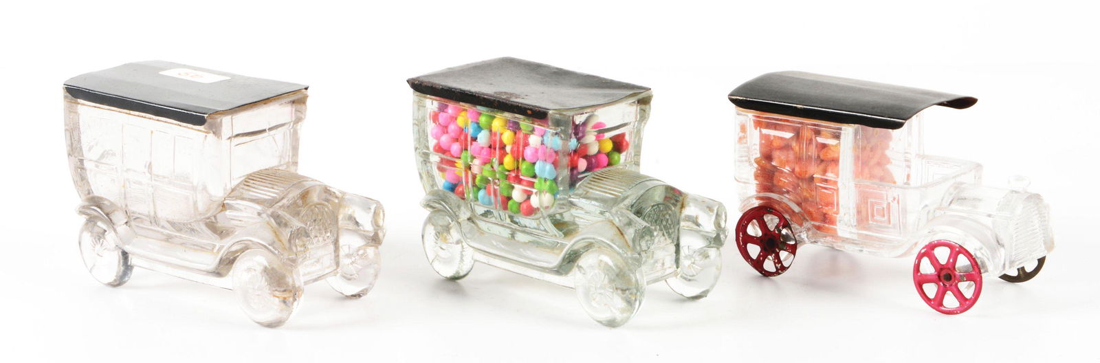 LOT OF 3: VINTAGE GLASS AUTOMOBILE CANDY CONTAINERS, ALL W/ METAL TOPS. (1 of 2)
