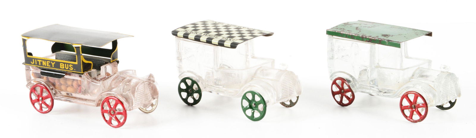 LOT OF 3: VINTAGE GLASS AUTOMOBILE CANDY CONTAINERS. (1 of 2)