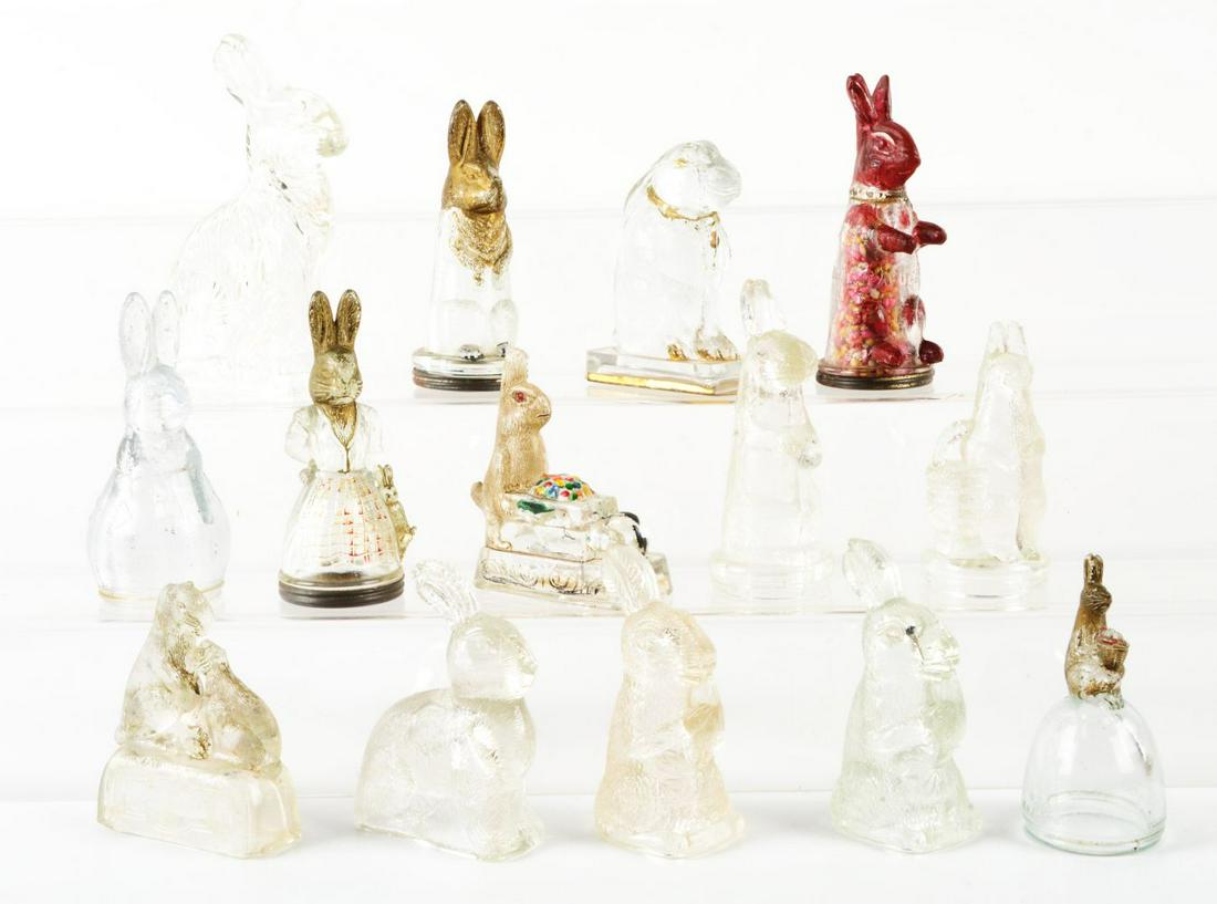 LOT OF 14: VINTAGE GLASS RABBIT CANDY CONTAINERS. (1 of 1)