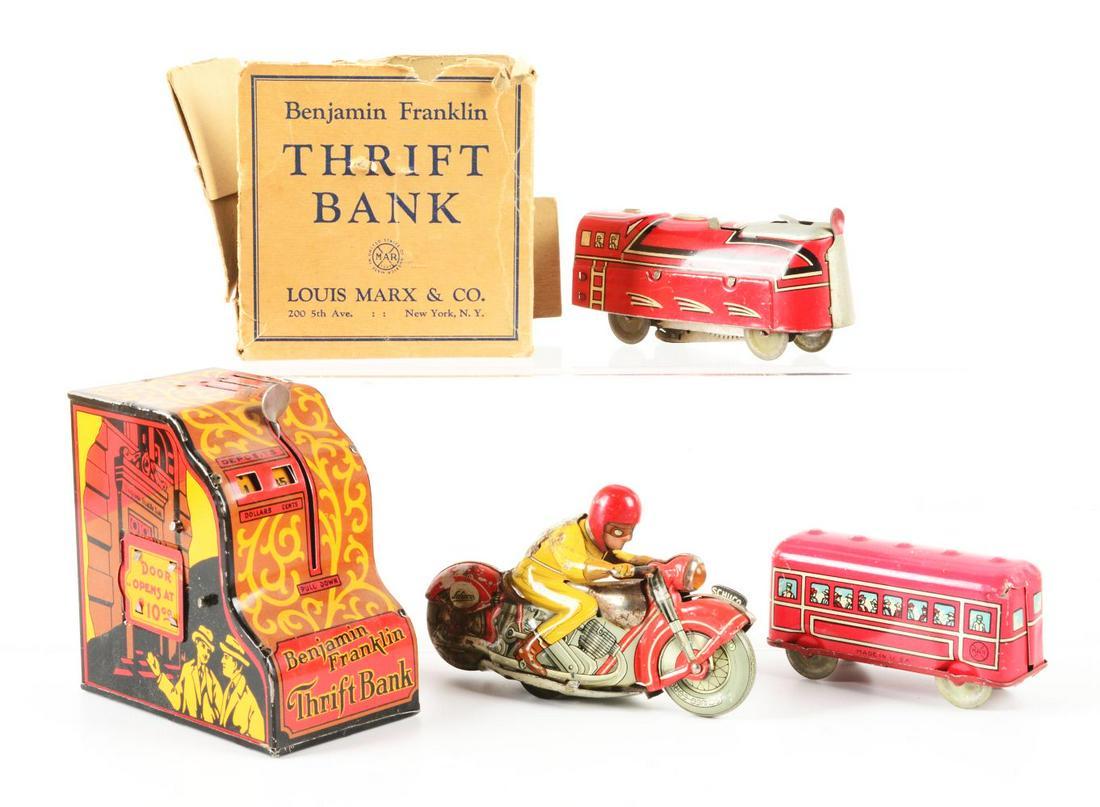 LOT OF 4: VARIOUS AMERICAN & GERMAN-MADE TIN LITHO TOY ITEMS. (1 of 2)