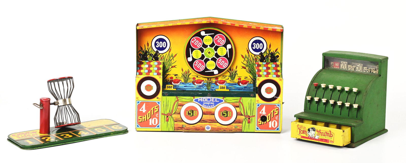 LOT OF 3: AMERICAN MADE VARIOUS TOYS INCLUDING A TOM THUMB CASH REGISTER, ONE GAMBLING CAGE WITH TIN (1 of 1)