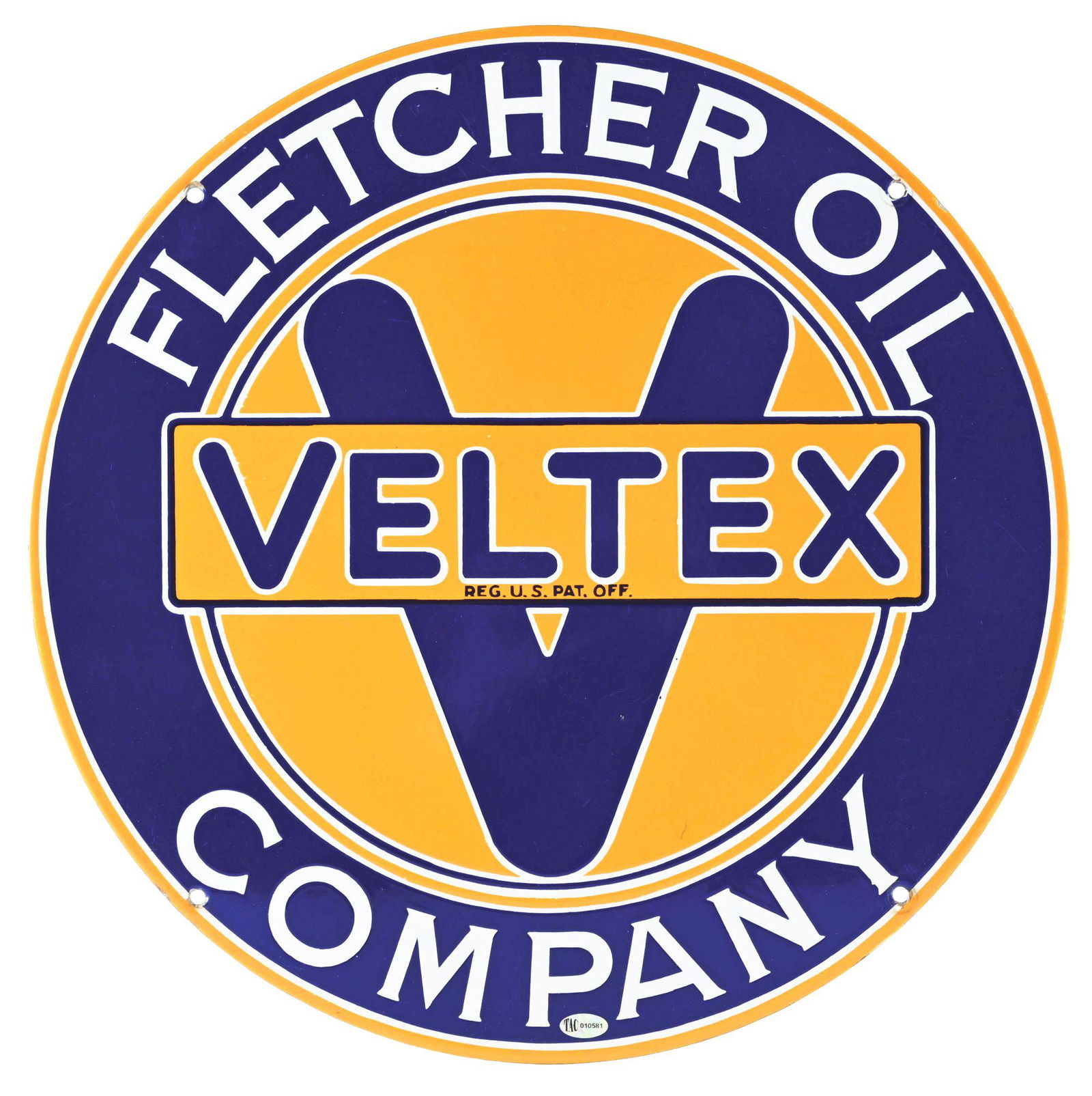 FLETCHER OIL COMPANY VELTEX GASOLINE & MOTOR OILS PORCELAIN SIGN. Mar