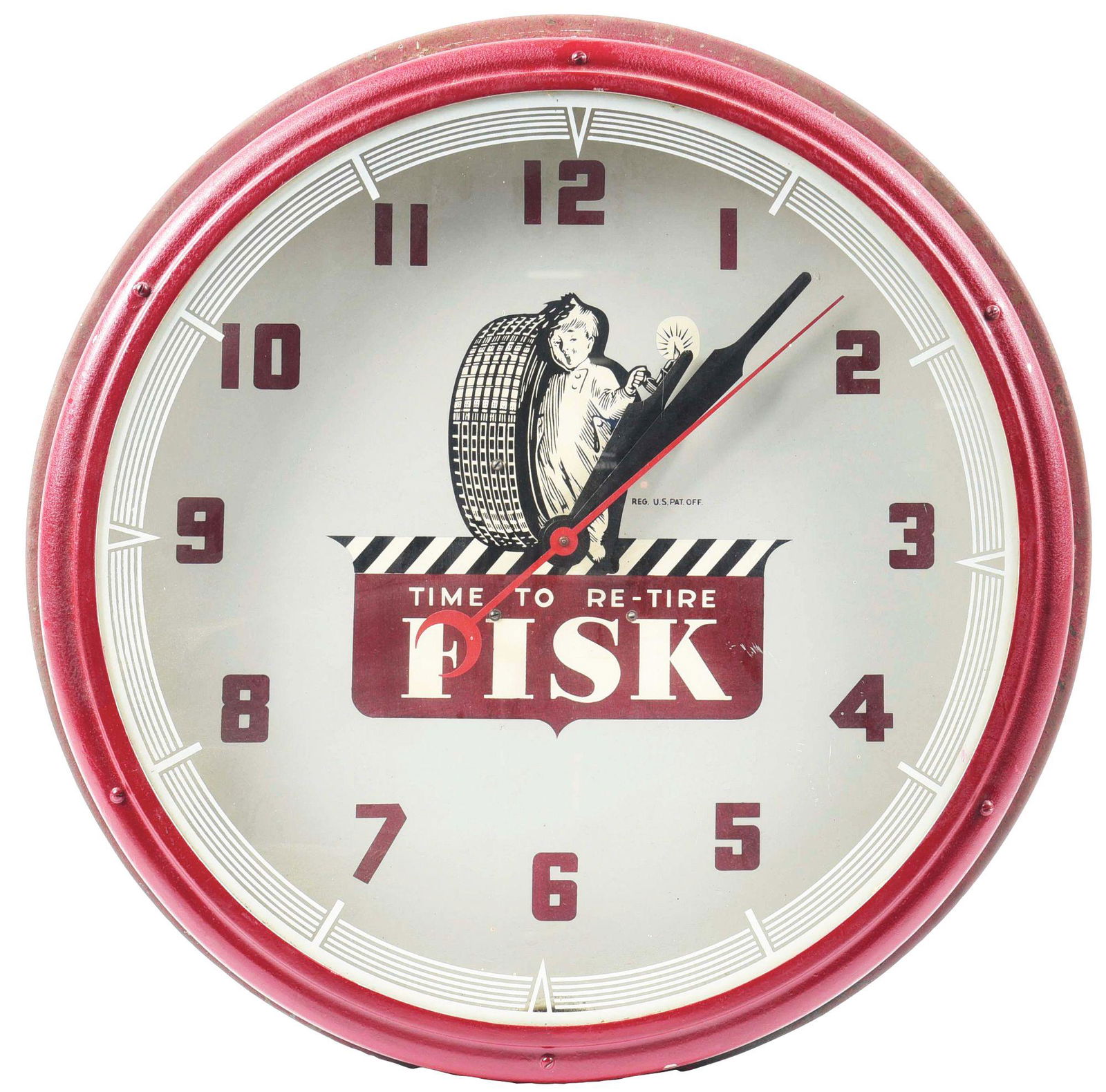 FISK TIRES "TIME TO RETIRE" SERVICE STATION ADVERTISING NEON CLOCK.: Maker Marked Lackner, Ohio. Outstanding condition C. 1950's Neon Advertising Clock for Fisk Tires showing "Time To Retire" slogan with Sleepy Boy with Tire graphic. CONDITION: Clock is overall outstan