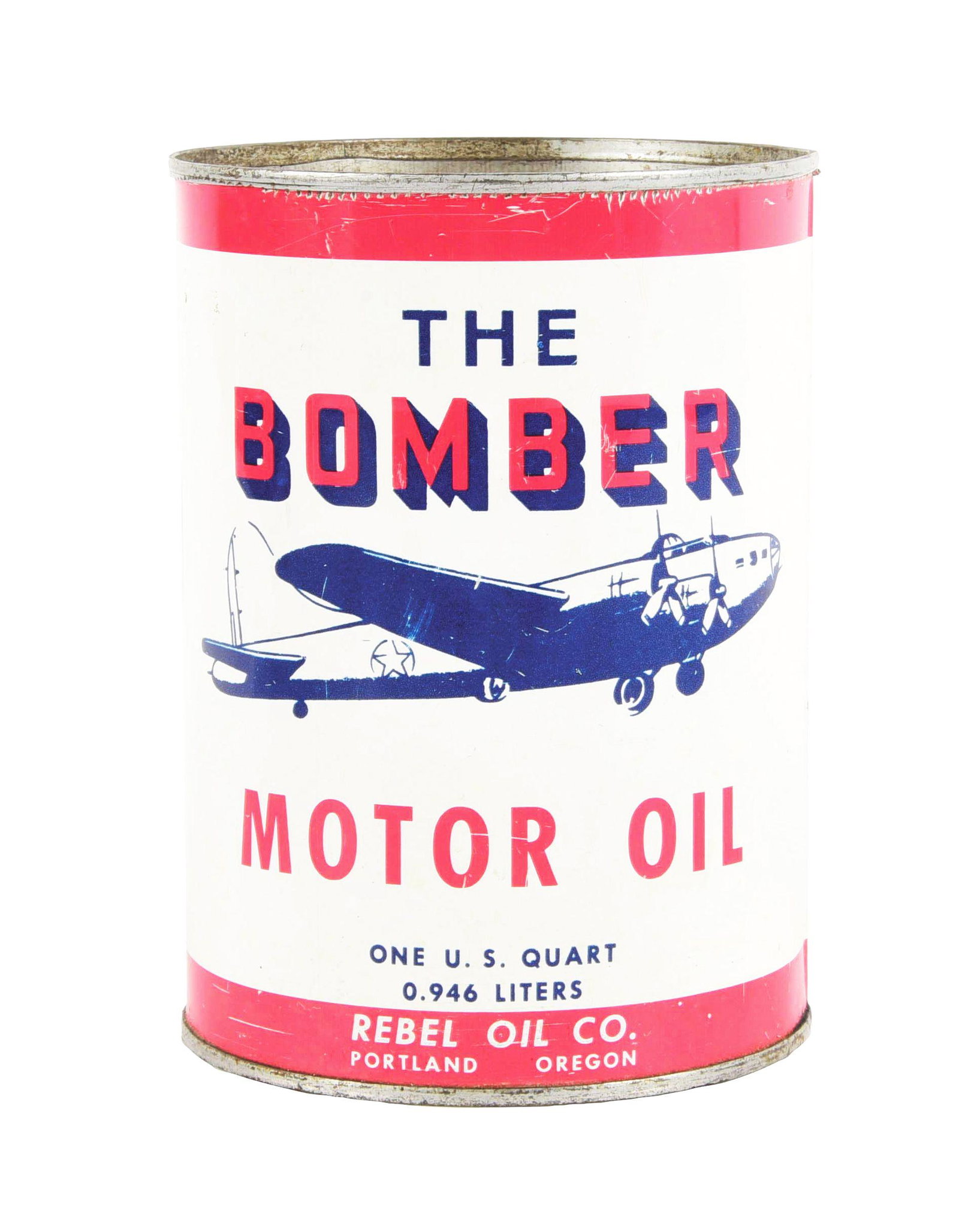 RARE BOMBER MOTOR OIL ONE QUART CAN W/ AIRPLANE & CONFEDERATE FLAG GRAPHIC.: One Quart Can. An exceptionally rare Quart Can from Bomber Motor Oil, a product of Rebel Oil Co., Portland, Oregon. Can features and excellent Airplane graphic as well as large Confederate Flag on the