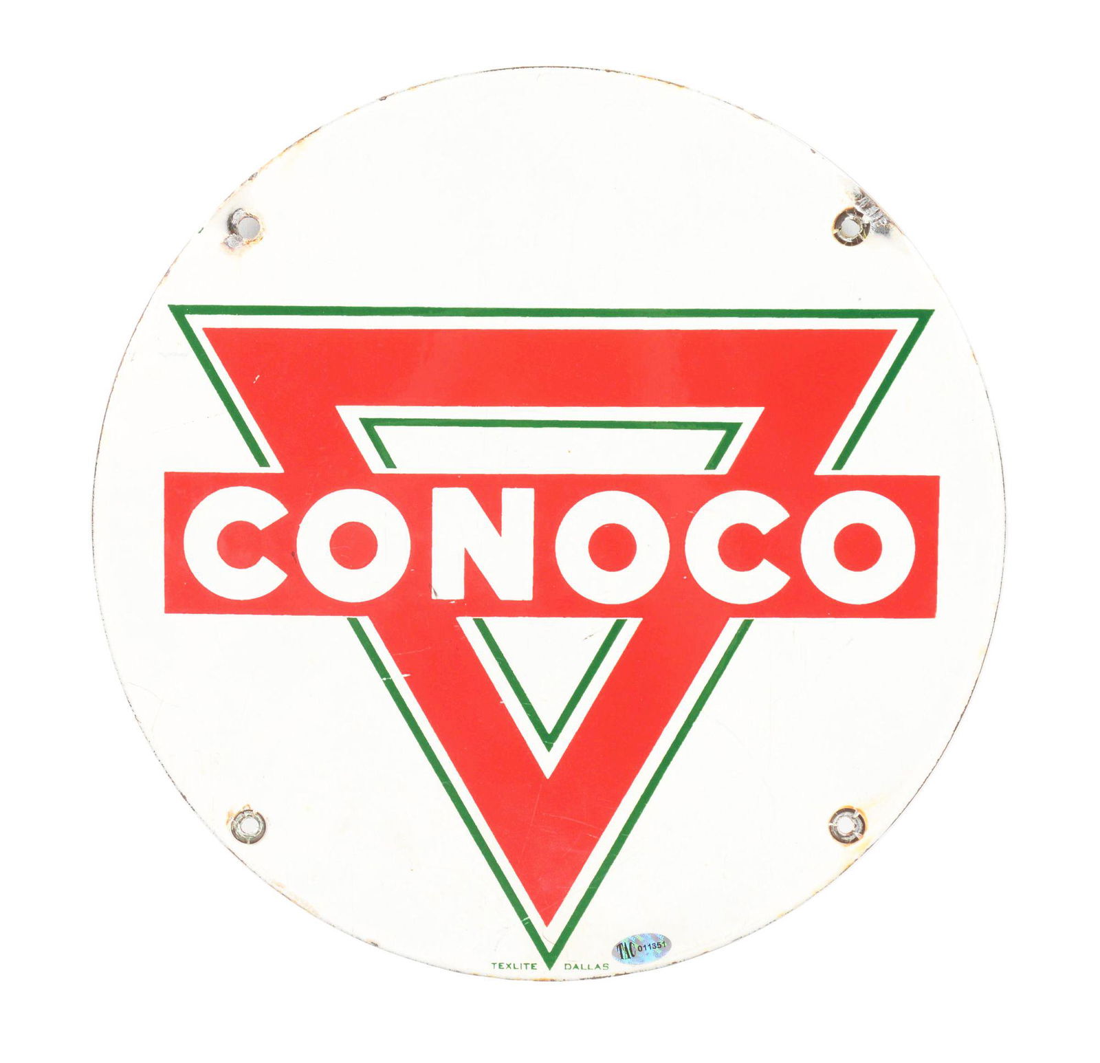 CONOCO GASOLINE PORCELAIN SIGN W/ TRIANGLE GRAPHIC. (1 of 3)
