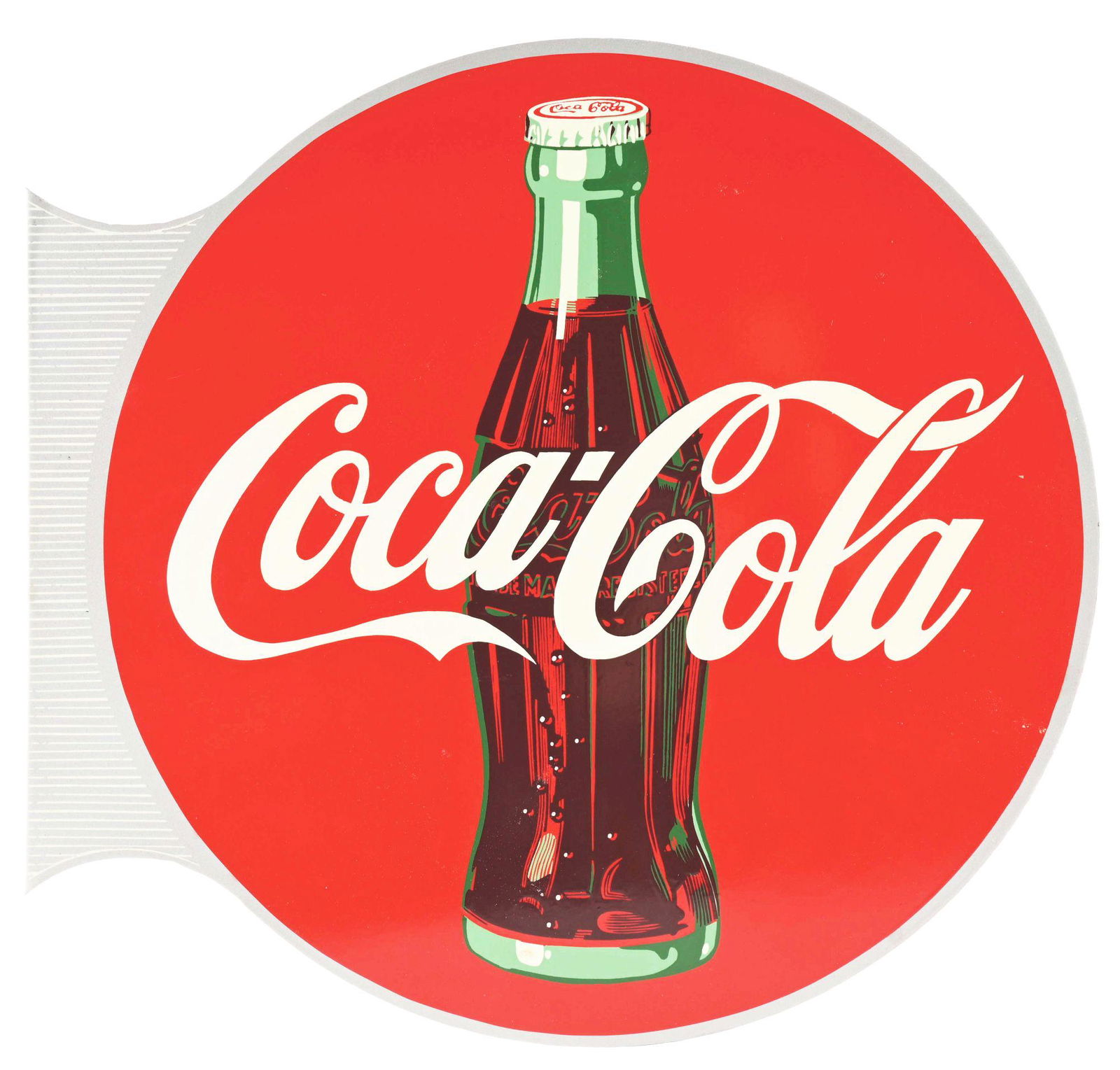 RARE & OUTSTANDING COCA COLA TIN FLANGE SIGN W/ DETAILED BOTTLE GRAPHIC. (1 of 2)