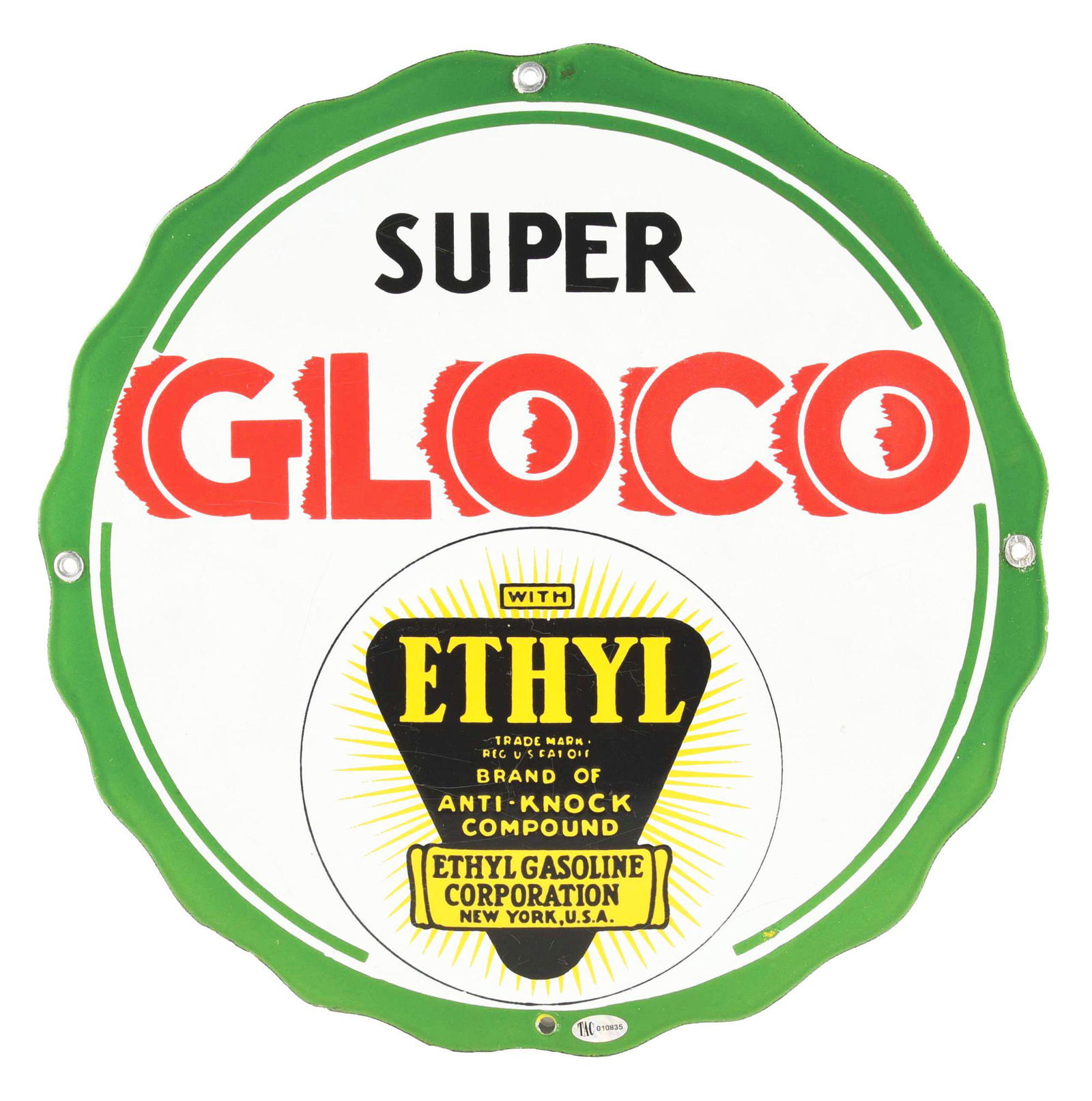 SUPER GLOCO ETHYL GASOLINE PORCELAIN PUMP PLATE SIGN. (1 of 2)