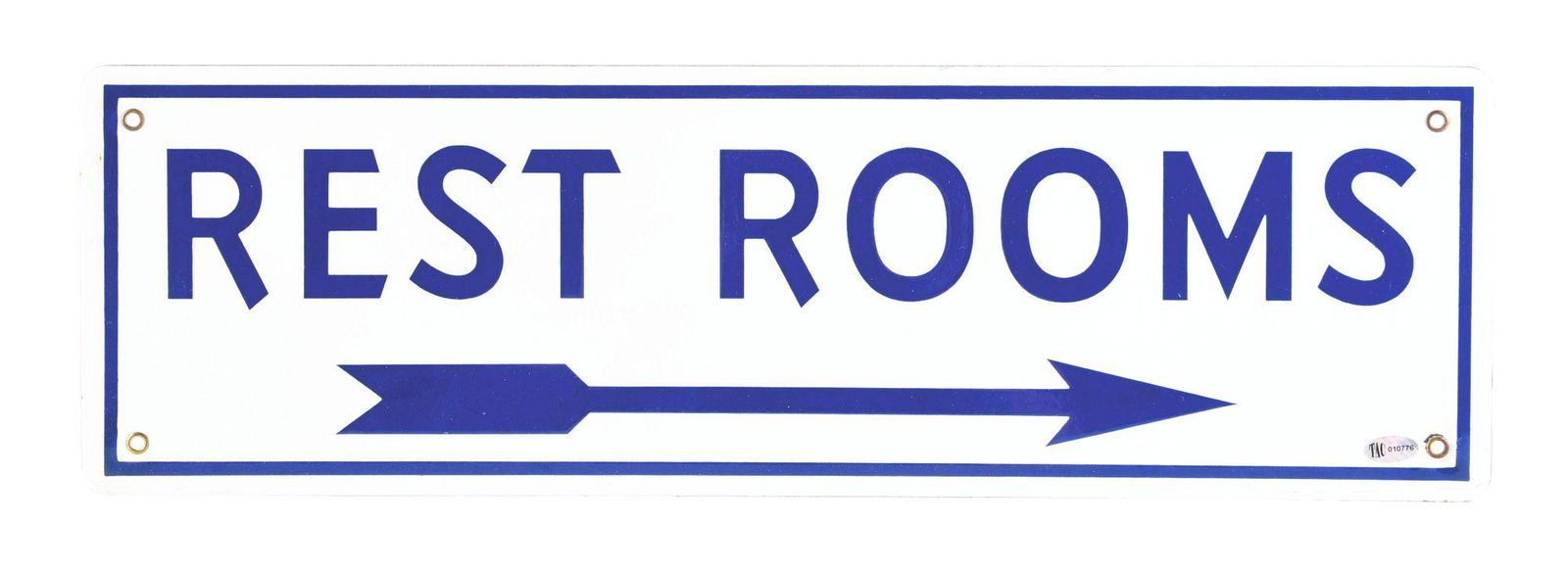 RESTROOMS PORCELAIN SERVICE STATION SIGN W/ ARROW GRAPHIC. (1 of 2)