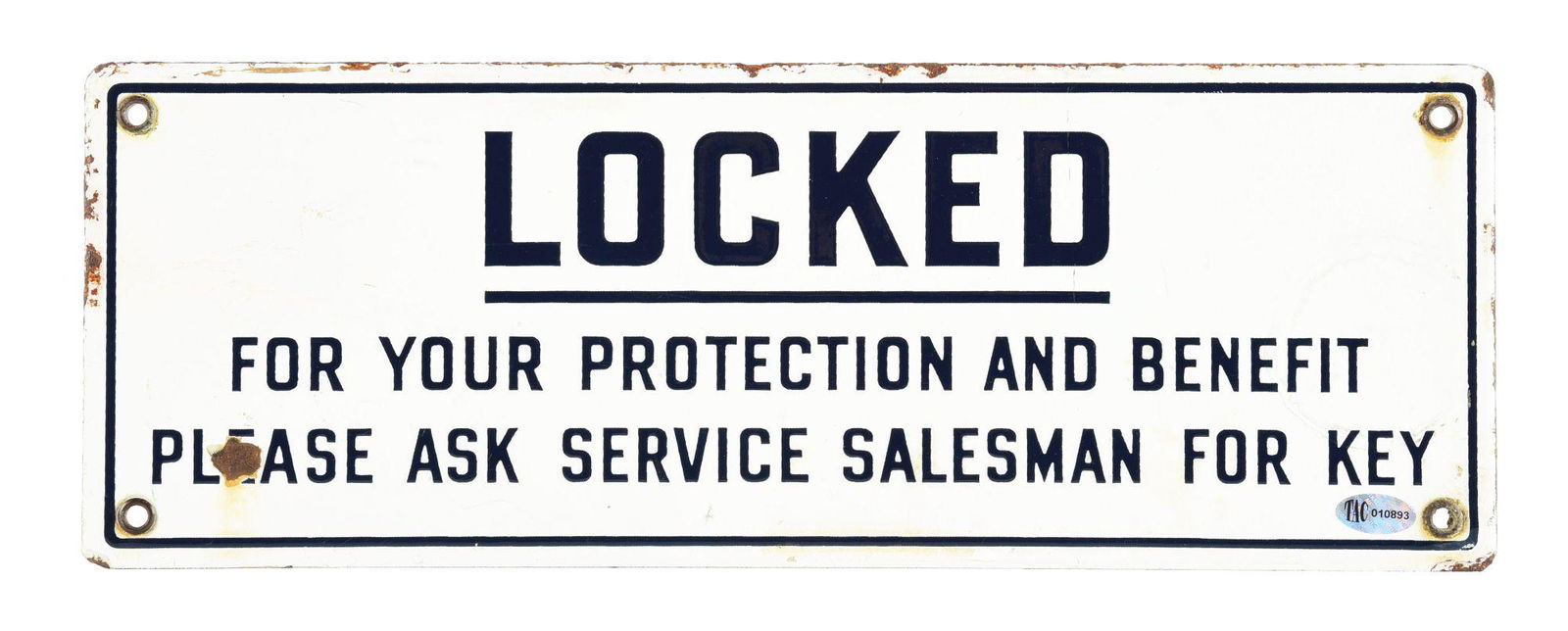 GULF GASOLINE "LOCKED FOR YOUR PROTECTION" PORCELAIN SERVICE STATION REST ROOM SIGN. (1 of 2)