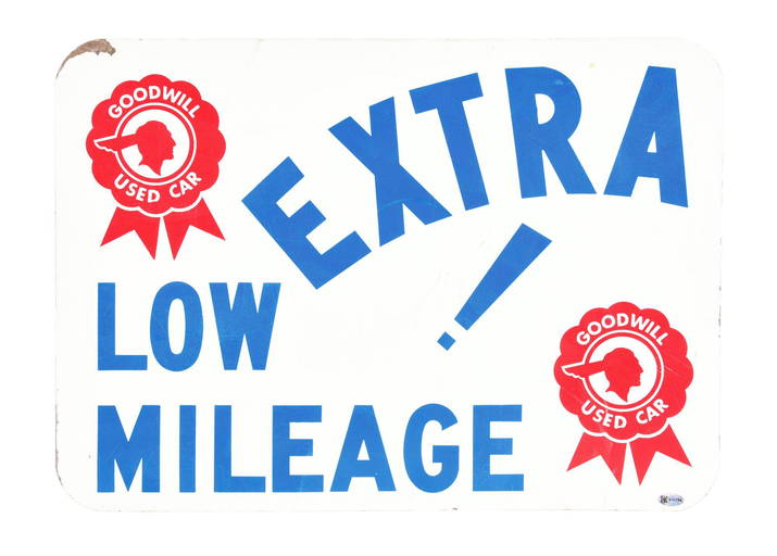 PONTIAC AUTOMOBILES GOODWILL USED CAR "EXTRA LOW MILEAGE" TIN