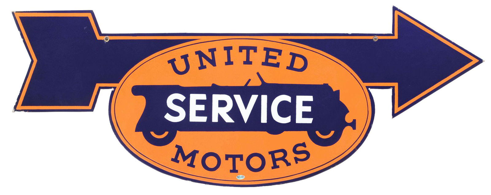 OUTSTANDING UNITED MOTORS SERVICE PORCELAIN DIRECTIONAL ARROW SIGN W/ CAR GRAPHIC. (1 of 2)