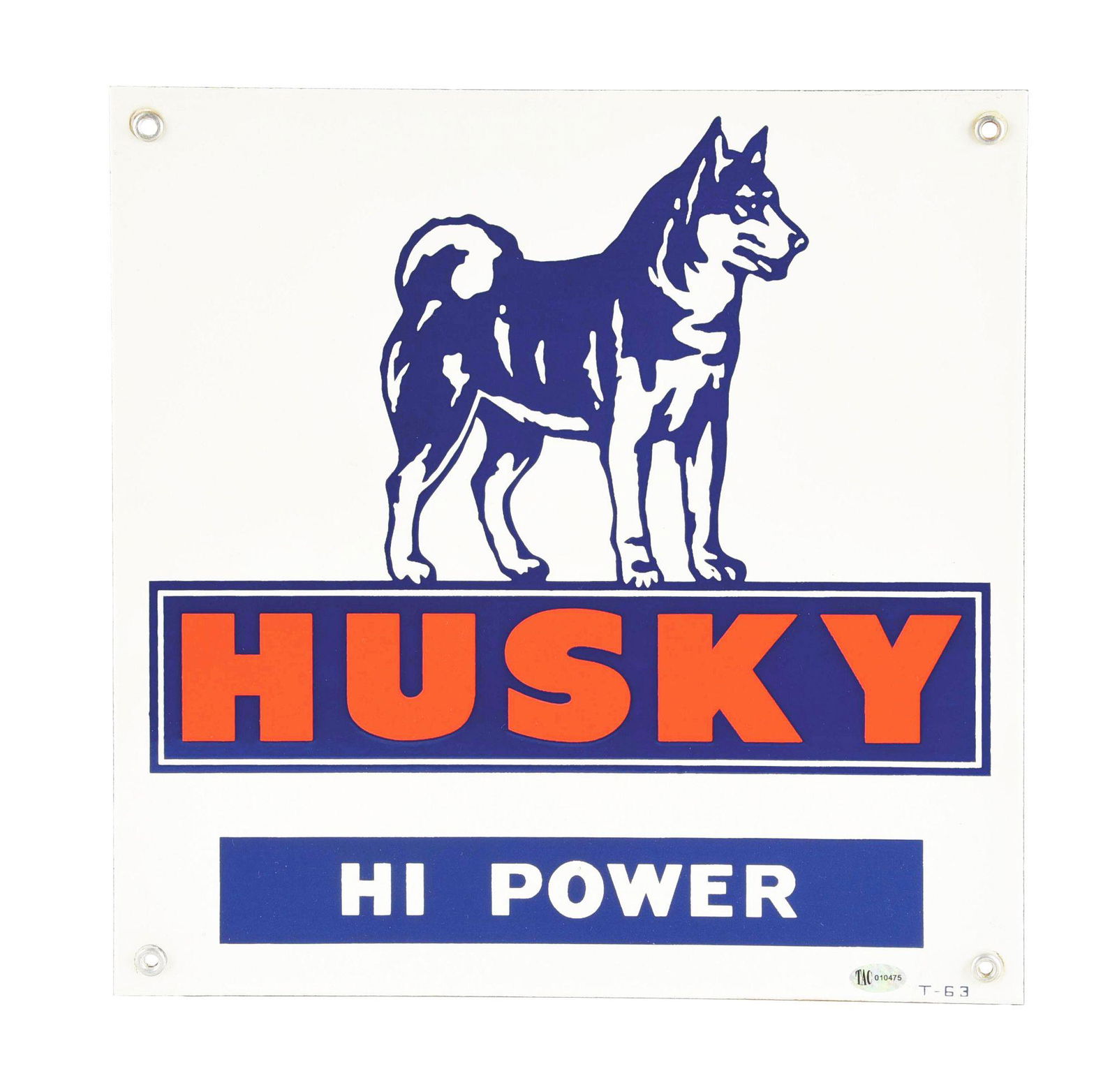 HUSKY HI POWER GASOLINE PORCELAIN PUMP PLATE SIGN W/ HUSKY DOG GRAPHIC. (1 of 3)