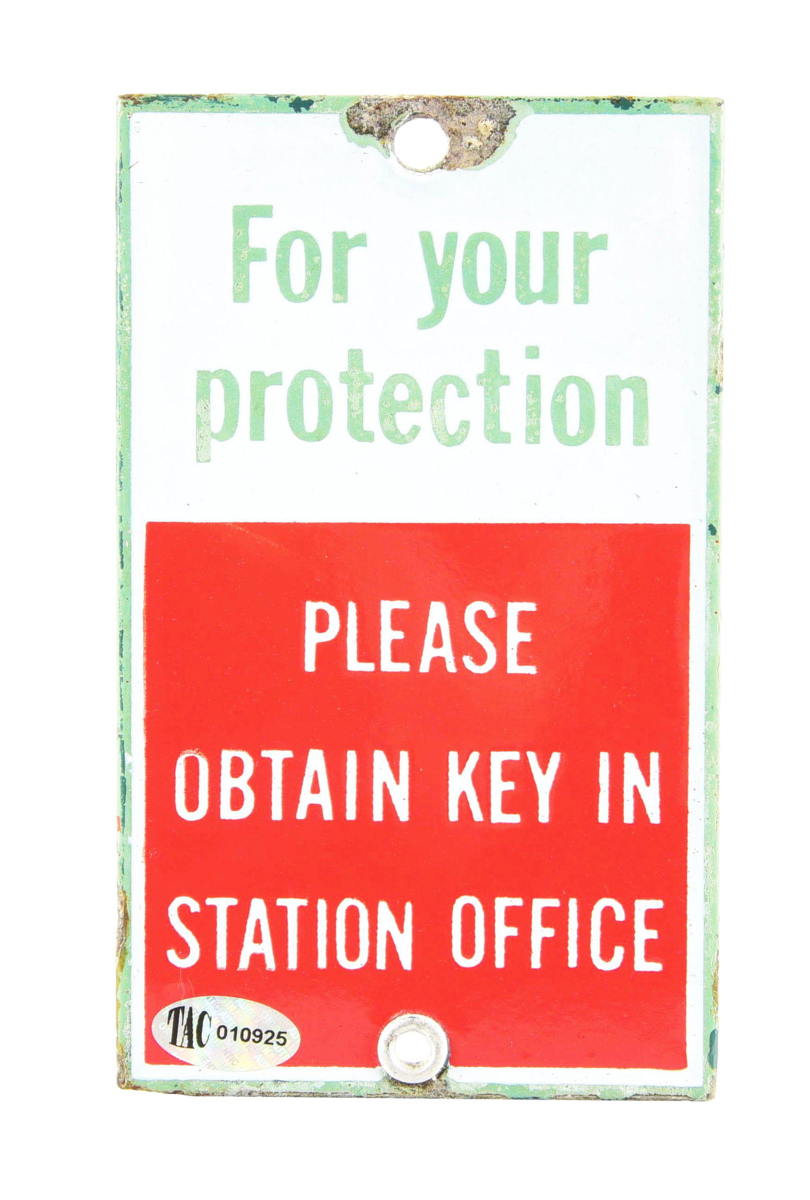 SCARCE ASSOCIATED OIL COMPANY "FOR YOUR PROTECTION" PORCELAIN SERVICE STATION RESTROOM SIGN. (1 of 2)