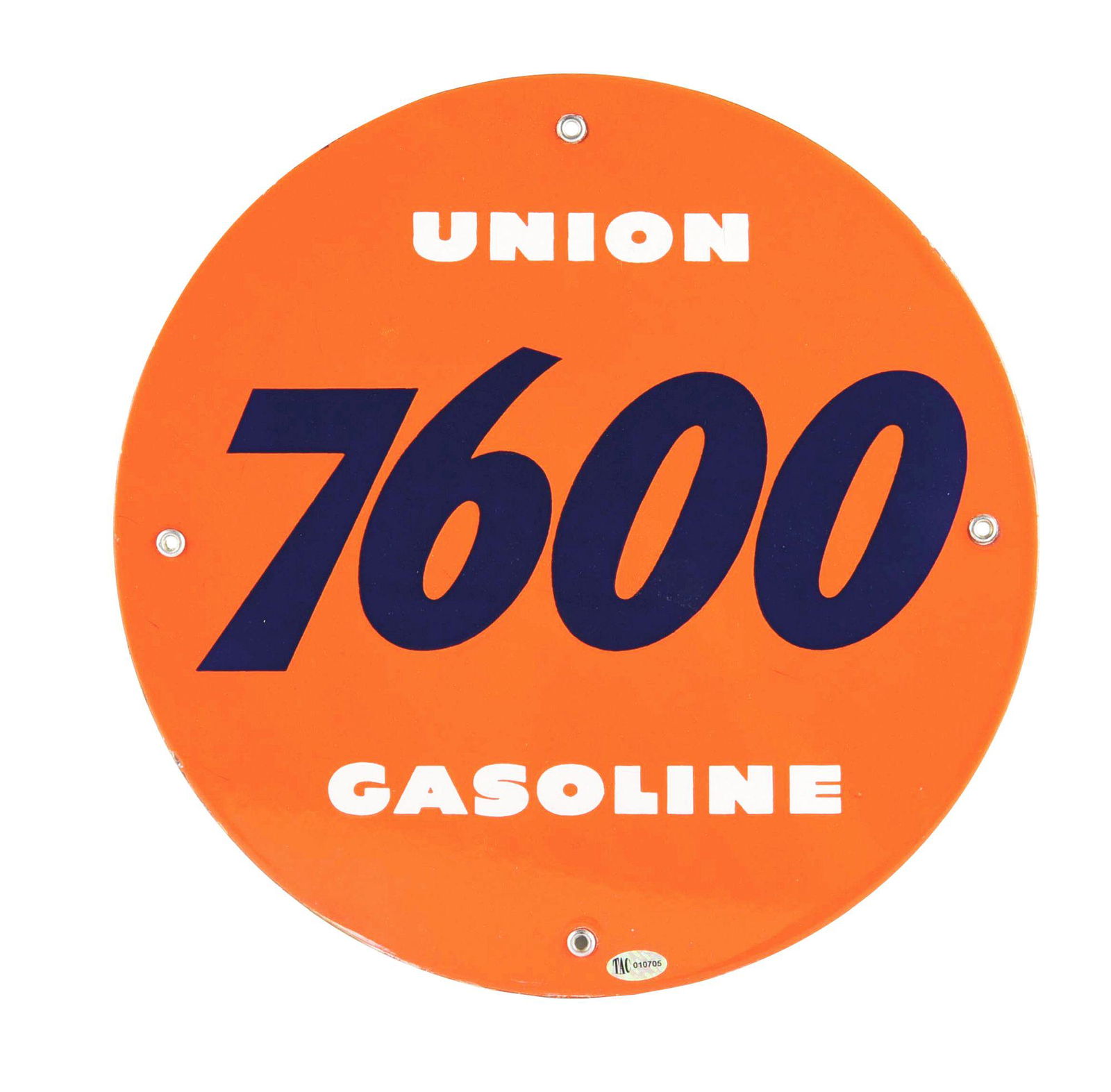 OUTSTANDING UNION 7600 GASOLINE PORCELAIN PUMP PLATE SIGN. (1 of 2)