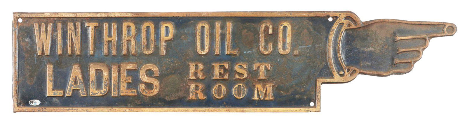 WINTHROP OIL CO. LADIES REST ROOM EMBOSSED TIN FINGER POINTER SIGN. (1 of 2)