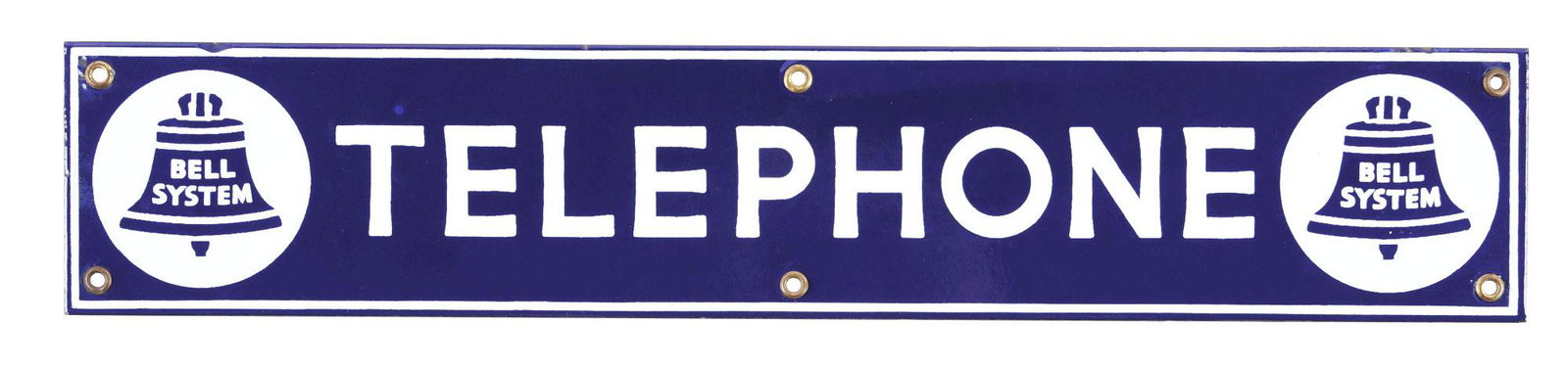 BELL TELEPHONE SYSTEM NEW OLD STOCK PORCELAIN STRIP SIGN.: SSP. A brilliant New Old Stock example of this Porcelain Sign from Bell Telephone System showing Bell graphics as well as bold script throughout the field. CONDITION: Sign is outstanding throughout sh