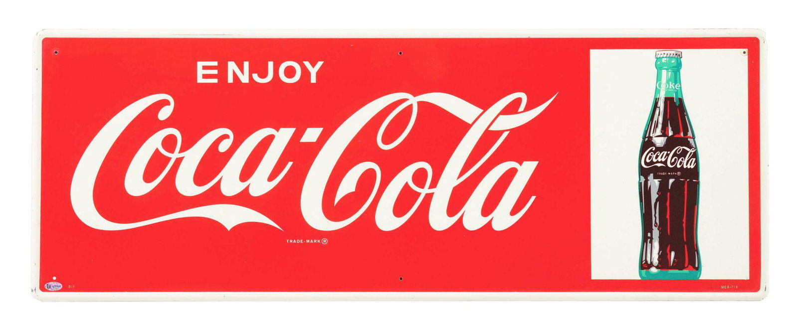 ENJOY COCA COLA TIN SIGN W/ BOTTLE GRAPHIC & EMBOSSED OUTER EDGE. (1 of 4)
