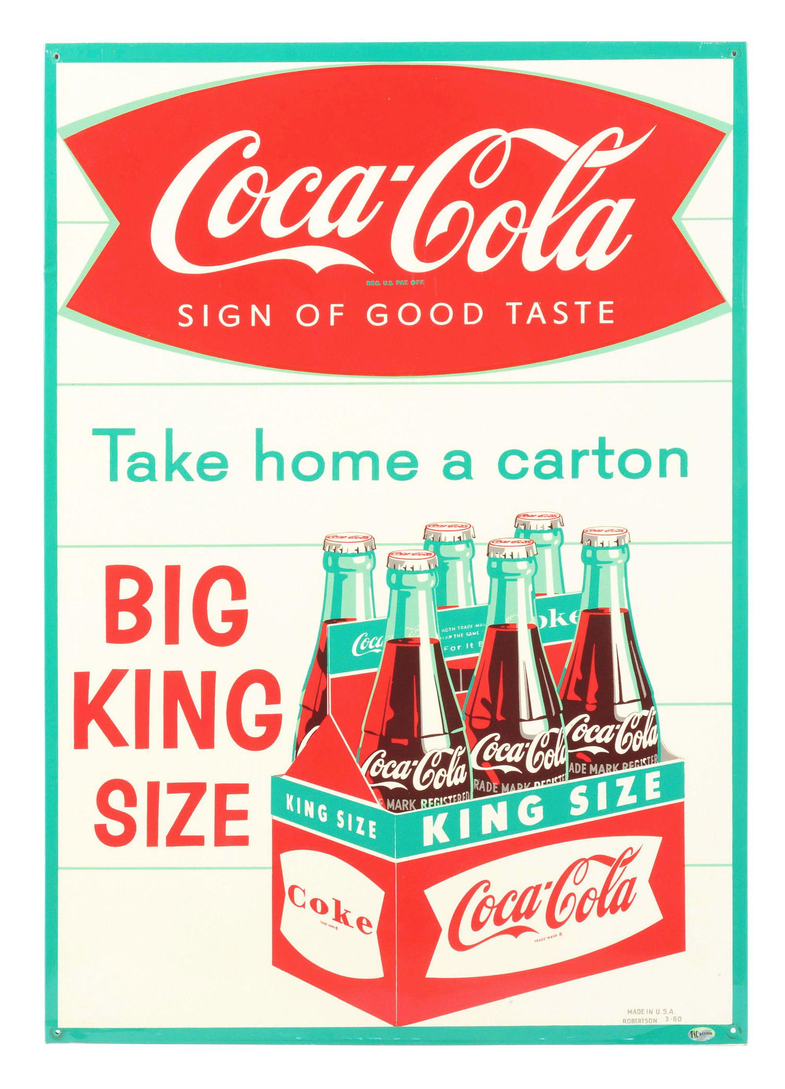 OUTSTANDING COCA COLA "BIG KING SIZE" TIN SIGN W/ SIX PACK & FISHTAIL GRAPHIC. (1 of 3)
