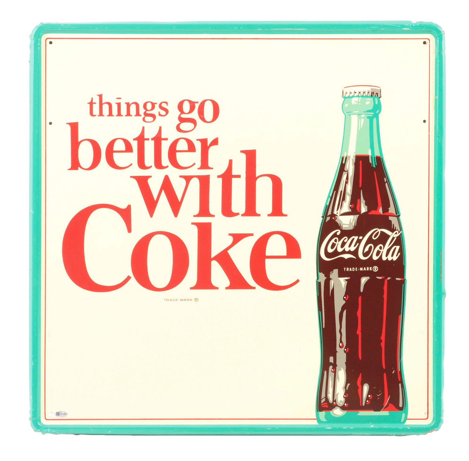 THINGS GO BETTER WITH COKE TIN SIGN W/ COCA COLA BOTTLE GRAPHIC. (1 of 2)