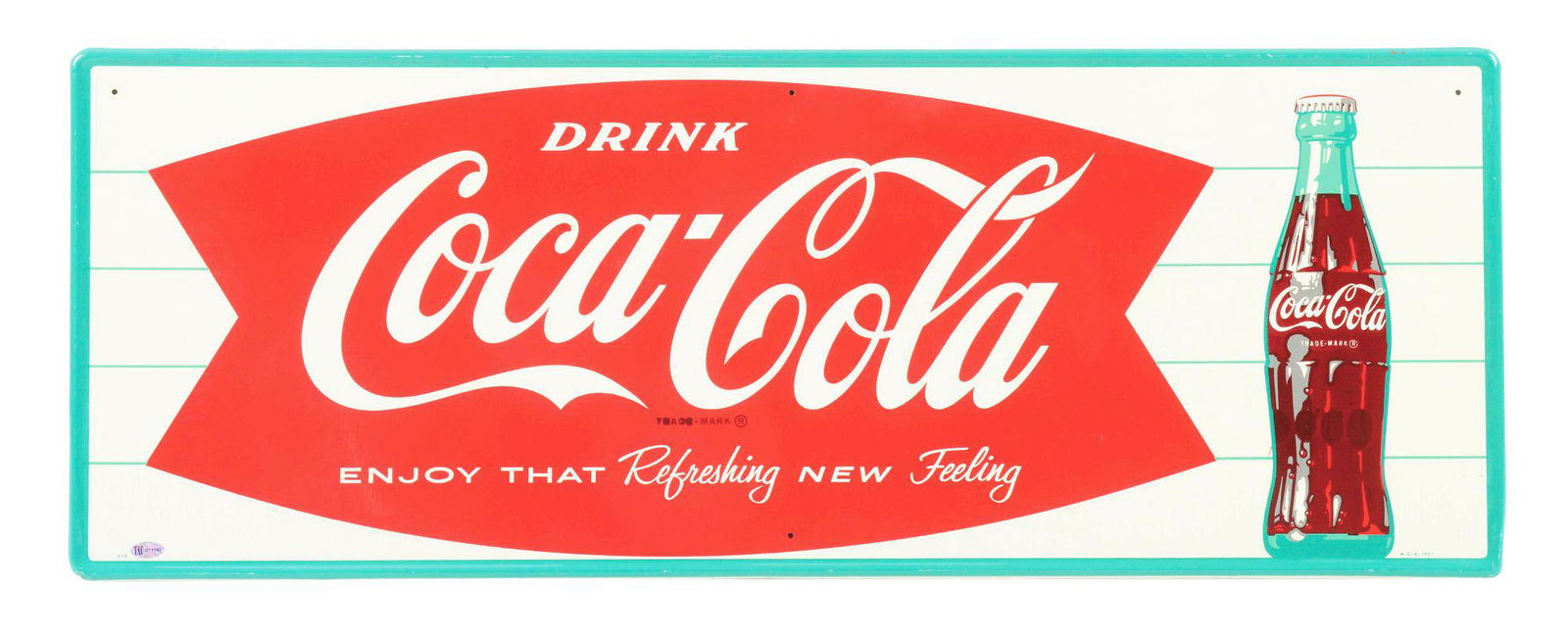 DRINK COCA COLA TIN SIGN W/ BOTTLE & FISHTAIL GRAPHIC. (1 of 4)